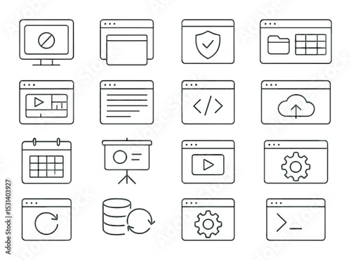 Web browser set. internet ui flat design. window, shield, code, cloud, gear vector icons.