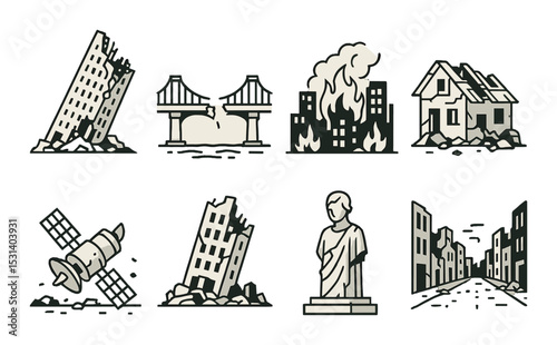 Disaster scene set. destruction, earthquake, building, fire, linear vector icons.