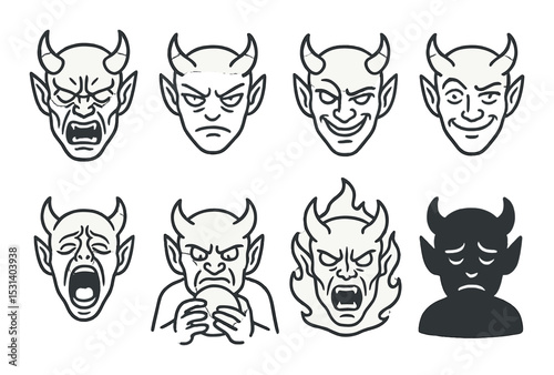 Demon face set. evil expression silhouette icons. devil, rage, fire, anger, fury vector icons.