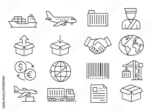 Shipping logistics set. transportation, delivery, trade, linear cargo, container vector icons