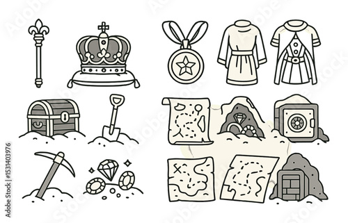 Treasure hunt set. adventure linear icons: crown, chest, map, gem, pickaxe, medal vector icons.