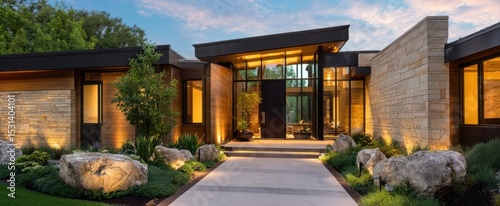 The modern architectural masterpiece showcasing a stunning entrance and landscaped garden.