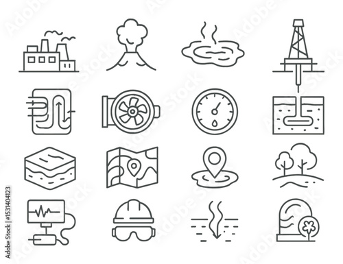 Industrial linear icon set. factory, oil, geothermal, map, safety, environment vector icons