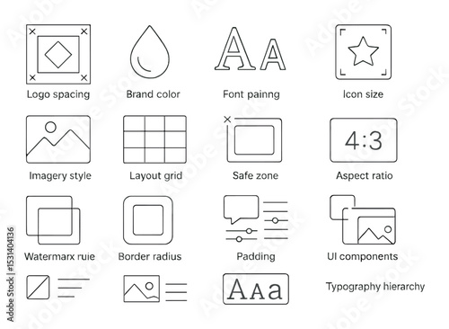 Design principles icon set. flat style: layout, color, font, grid, ratio, padding vector icons.