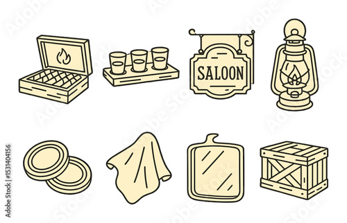 Wild west items set. cowboy essentials linear icons. lantern, saloon, hat, gun, crate vector icons.