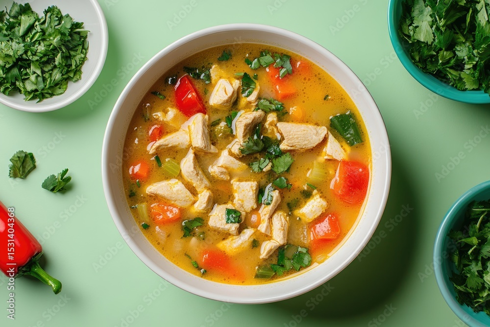 Creamy chicken soup in a white bowl, garnished with herbs, surrounded by ingredients Creamy chicken soup in a white bowl, garnished with herbs, surrounded by ingredients