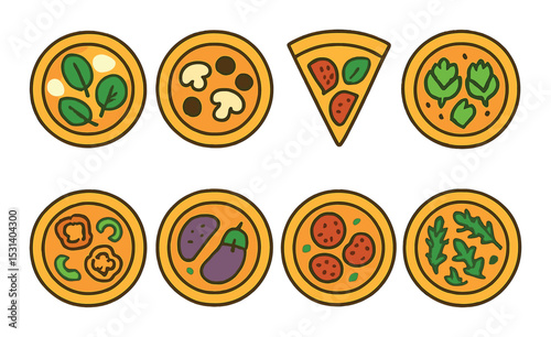 Pizza ingredient set. flat style icons. spinach, mushroom, slice, basil, pepperoni, vector icons.