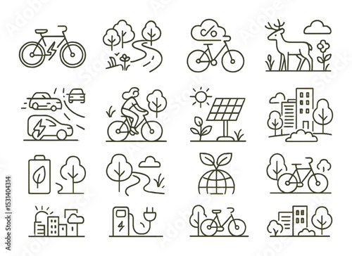 Eco-friendly transportation set. linear bicycle, car, nature, charging, renewable vector icons.