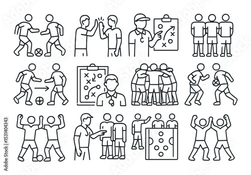 Soccer strategy set. linear sports tactics, coach, players, training, match vector icons.