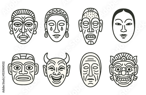 Mask face set. cultural silhouettes: tribal, carnival, traditional, theater vector icons.