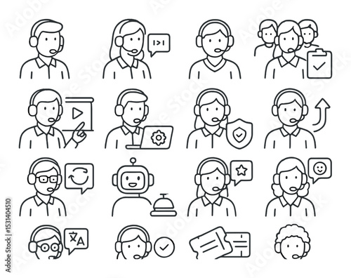 Customer support agent icon set. call center, chat, headset, robot, linear vector icons.