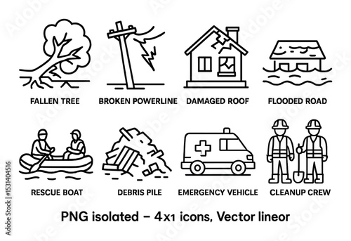 Natural disaster set. emergency, flood, rescue, cleanup linear icons. tree, boat, crew vector icons.