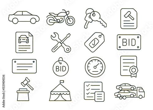Vehicle auction set: linear car, motorcycle, key, bid, certificate, tag vector icons