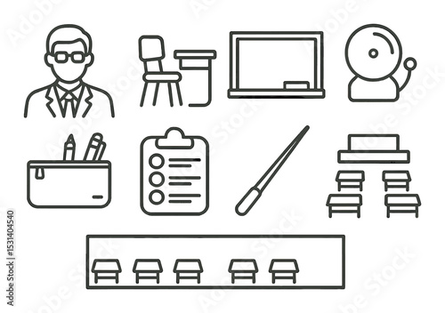 School supplies set: education tools silhouette. teacher, desk, blackboard, bell, classroom vector icons.