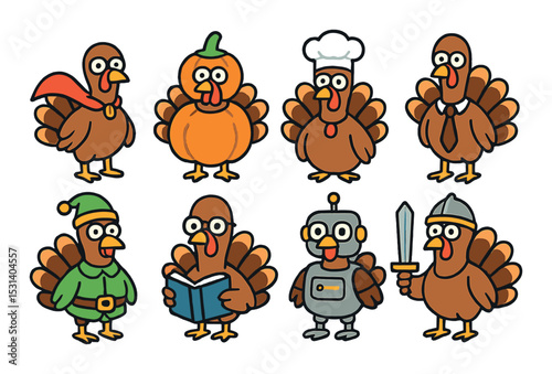 Turkey character set. thanksgiving cartoon turkeys in costumes. chef, robot, knight, flat vector icons.