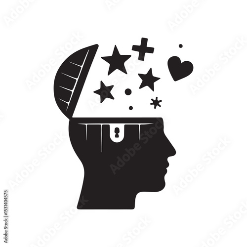 Black silhouette of an open head with stars plus sign heart and other symbols floating out of it
