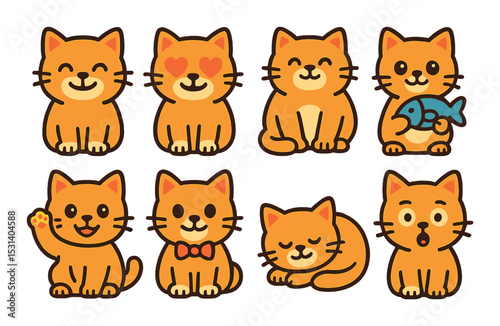 Cat expression set. cute feline flat style. smiling, heart eyes, bow tie, sleeping vector icons.