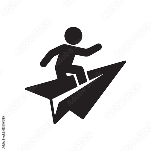 A black and white graphic of a stick figure riding a paper airplane against a white background space