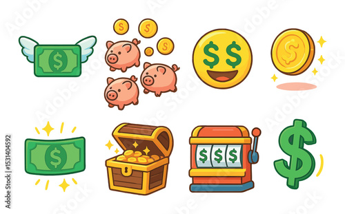 Money and currency set. finance, cash, coins, piggy bank, dollar silhouette vector icons.