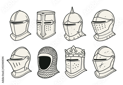 Medieval helmet set. knight armor silhouette helmets. nasal, great, bascinet, barbute, vector icons.