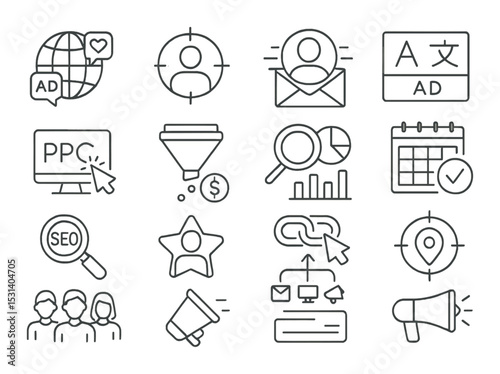 Digital marketing set. online promotion linear icons. seo, target, funnel, ppc vector icons.