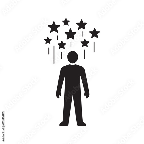Black silhouette of a person with stars above their head and lines falling from the stars above them