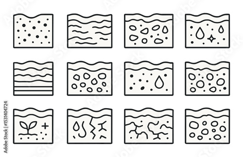 Soil texture set. ground surface linear patterns. sand, clay, silt, stone, root vector icons.