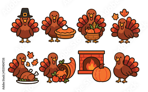 Thanksgiving turkey set. flat style icons: turkey, pie, harvest, pumpkin, leaves, fireplace, feast vector icons.