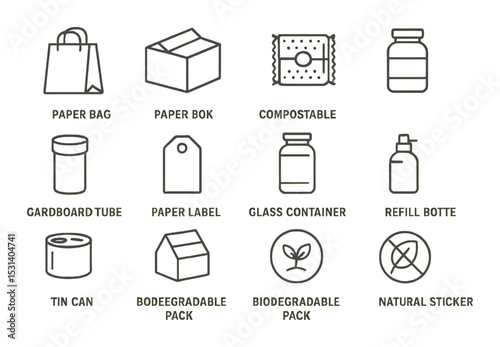 Eco packaging set: sustainable linear icons. paper bag, biodegradable, refill bottle vector icons.