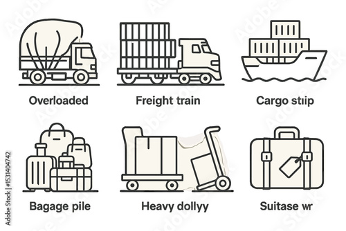 Transportation and luggage set. vehicle and bag linear truck, train, ship, suitcase icons