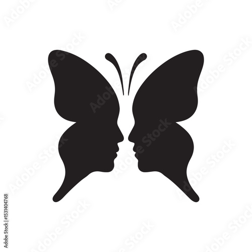 Black butterfly silhouette with two facing human profiles creating an optical illusion design