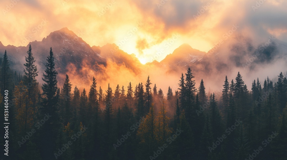 Obraz premium Scenic Mountain Landscape with Dense Pine Forest Under Cloudy Sunrise
