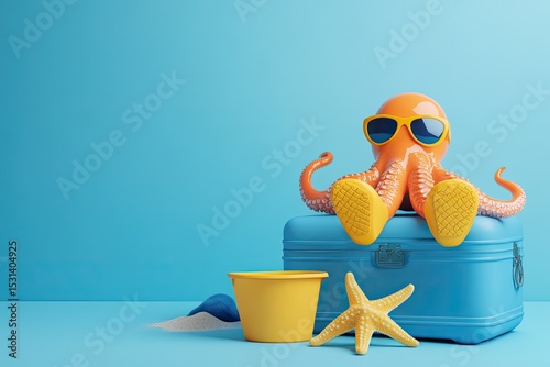 A cartoon octopus wearing sunglasses sits on a blue suitcase.  Summer vacation concept