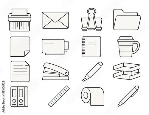 Office supply set. workplace silhouette essentials: folder, paperclip, stapler, ruler vector icons.