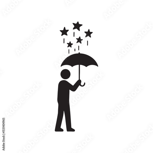 A black silhouette of a person holding an umbrella with stars falling from the sky above it icon