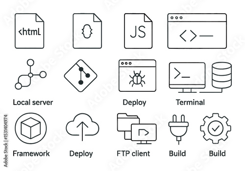 Developer tool set. linear code, server, deploy, terminal, plug, gear vector icons.
