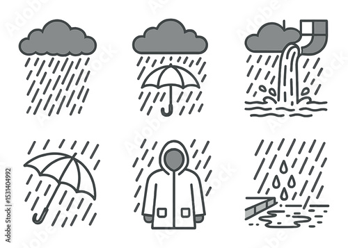 Rain weather set. umbrella, cloud, pipe, raindrop, raincoat, puddle silhouette vector icons