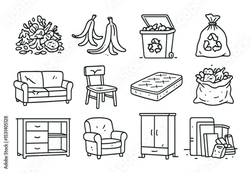 Trash and recycling set. waste disposal silhouette icons: bin, bag, banana peel vector icons.
