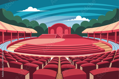 Colorful vector illustration of an open air theater with stage and audience seating