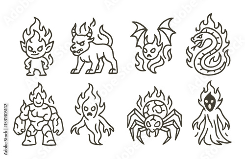 Mythical creature set. fantasy monster linear icons. demon, dragon, ghost, serpent vector icons