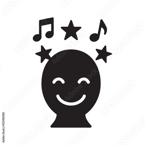 A black silhouette of a head with a smile surrounded by stars and music notes on a white background