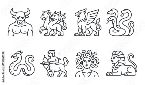 Mythical creature set. fantasy silhouette icons: minotaur, griffin, centaur, sphinx vector icons