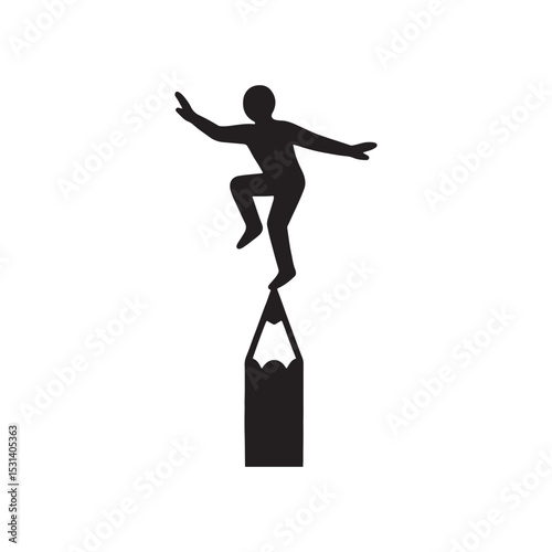 Silhouette of a person balancing on the tip of a pencil with arms outstretched for balance and white background