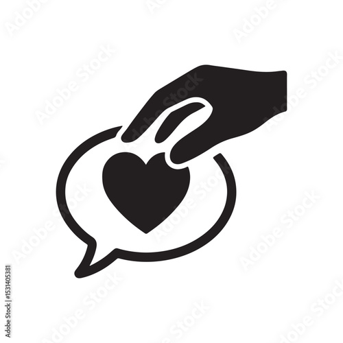 A black and white illustration of a hand placing a heart inside a speech bubble graphic element