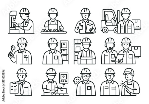 Industrial worker set. factory labor linear icons. engineer, mechanic, forklift, warehouse vector icons.