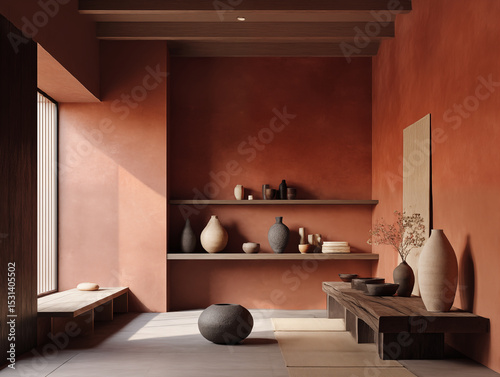Wabi sabi and japandi japanese style rustic interior in terracotta with wood, pottery and texture elements