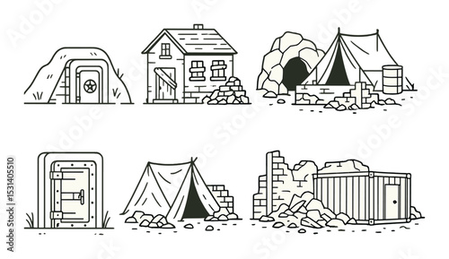 Survival shelter set. linear bunker, tent, house, cave, door, container vector icons.