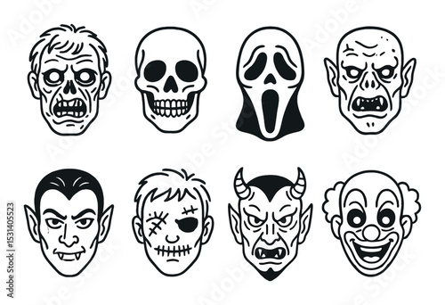 Horror mask set. scary faces silhouette: zombie, skull, ghost, vampire, clown vector icons