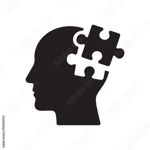 A black silhouette of a head with a jigsaw puzzle piece fitting into the head silhouette shape