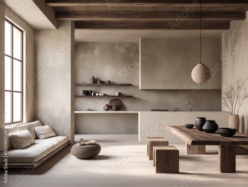 Minimalistic wabi sabi and japandi living room in neutral tones with pottery, stucco walls and exposed beams